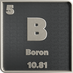 Boron chemical element black and metal icon with atomic mass and atomic number. 3d render illustration